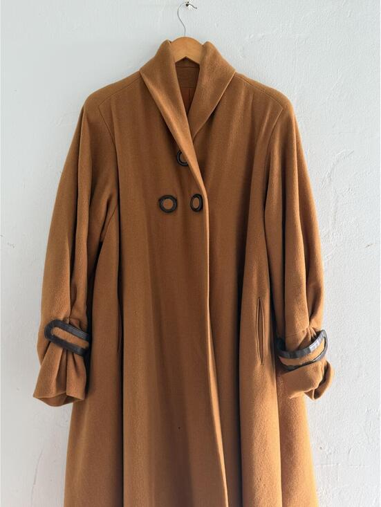 Jackets & Blazers - 1950s Vintage Regal Caramel Double-Breasted Long Coat with Statement Cuff Detail